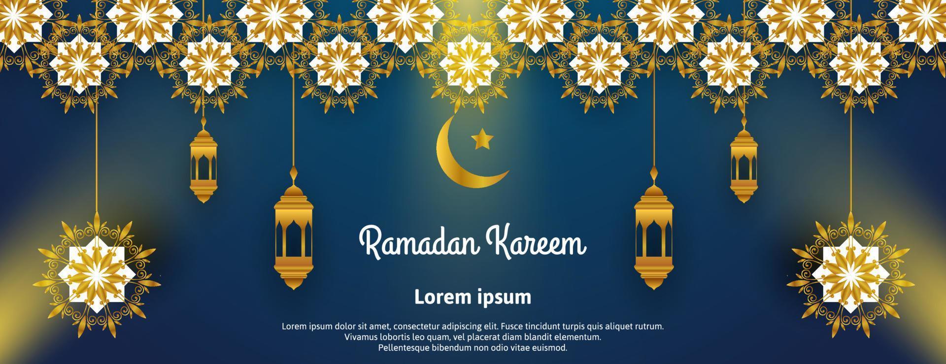 design de banner dourado ramadan kareem com lanterna, luz e mandala em fundo azul vetor