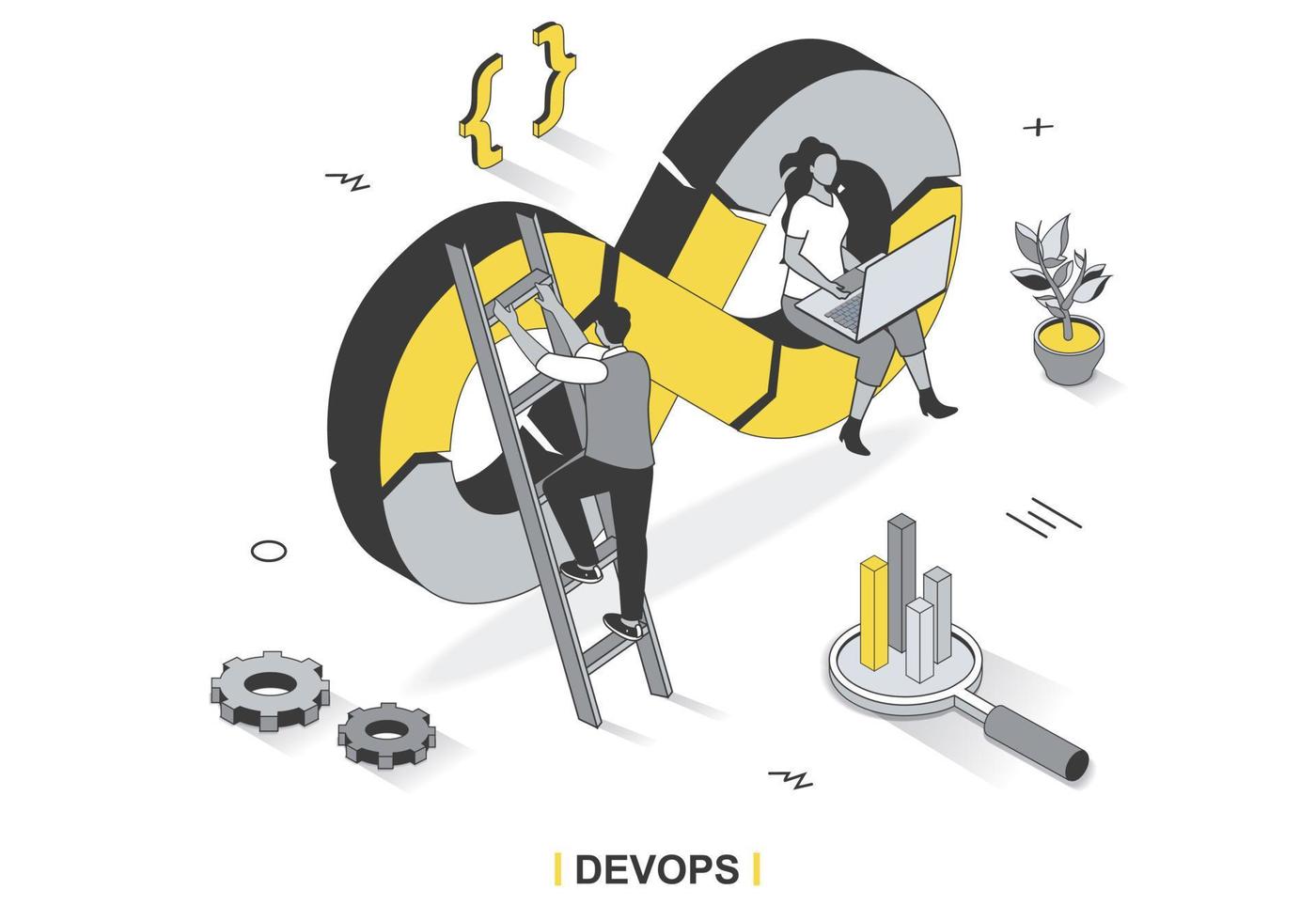 conceito devops em design de contorno isométrico 3d. programadores e engenheiros trabalhando juntos no escritório, administração de operações de desenvolvimento, modelo de web de linha. ilustração vetorial com cena de pessoas vetor