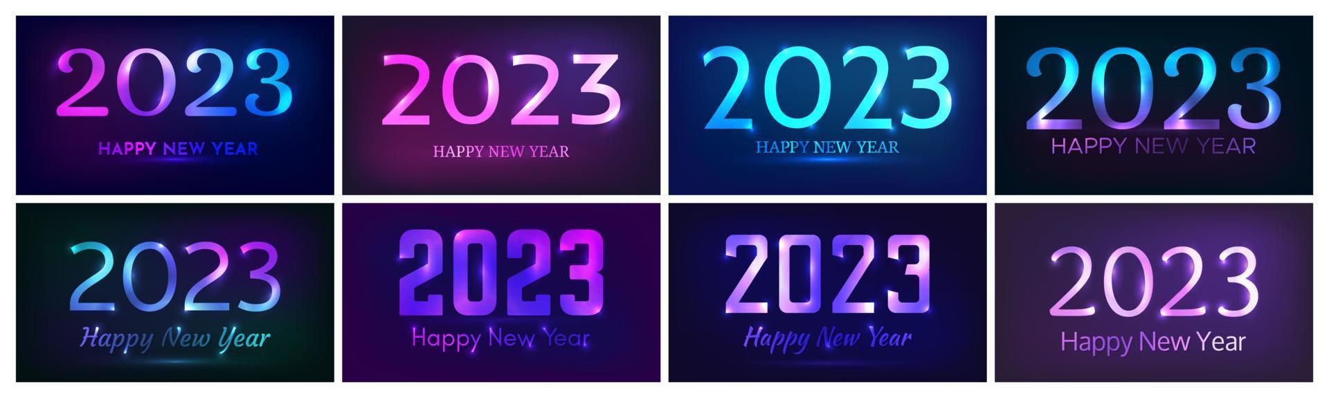 2023 feliz ano novo fundo neon. conjunto de cenários abstratos de néon com luzes para cartão de saudação de feriado de natal, panfletos ou cartazes. ilustração vetorial vetor