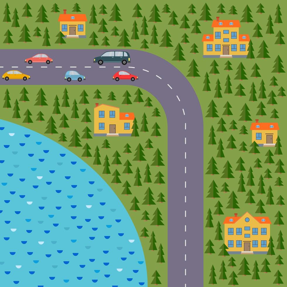 planta de aldeia. paisagem com estrada, floresta de coníferas, lago, carros e casas. ilustração vetorial vetor