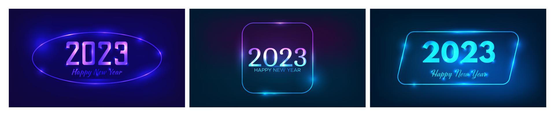 2023 feliz ano novo fundo neon. conjunto de três cenários de néon com diferentes molduras geométricas com efeitos brilhantes e feliz ano novo de inscrição. fundo escuro para o natal vetor