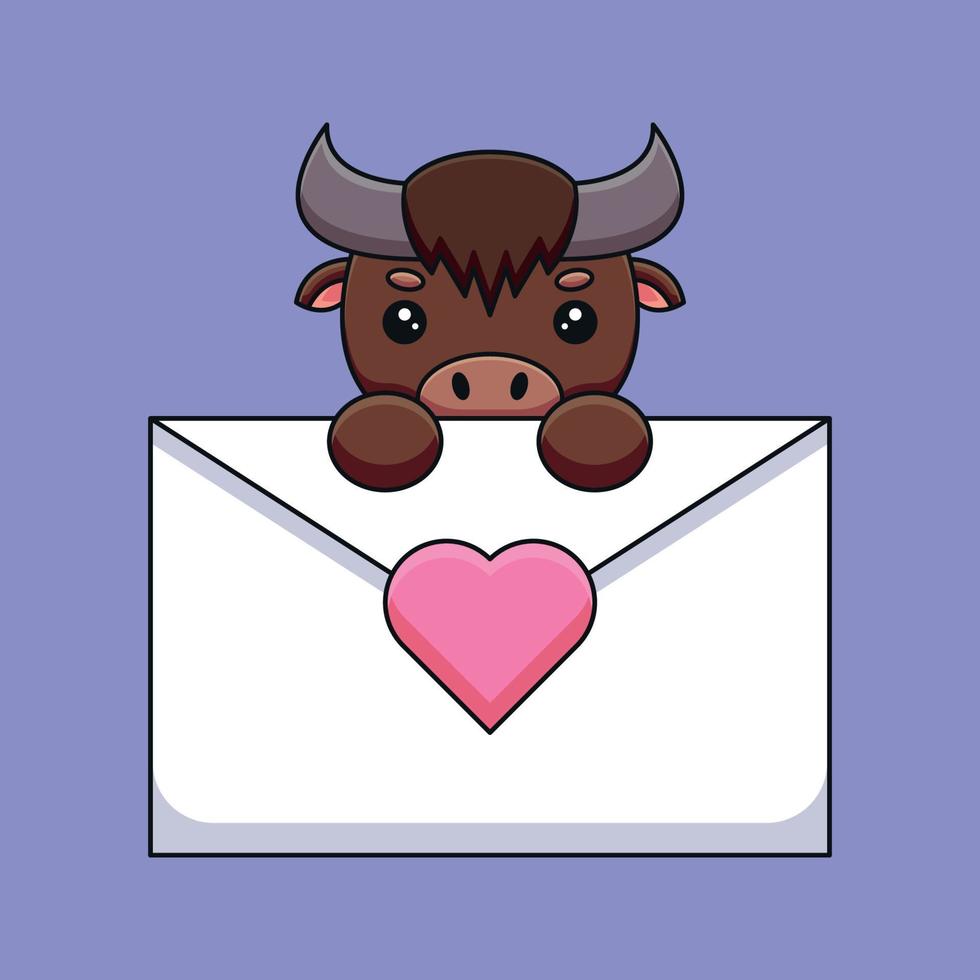 búfalo bonito segurando uma carta de amor mascote dos desenhos animados doodle arte mão desenhada contorno conceito vetor ilustração ícone kawaii