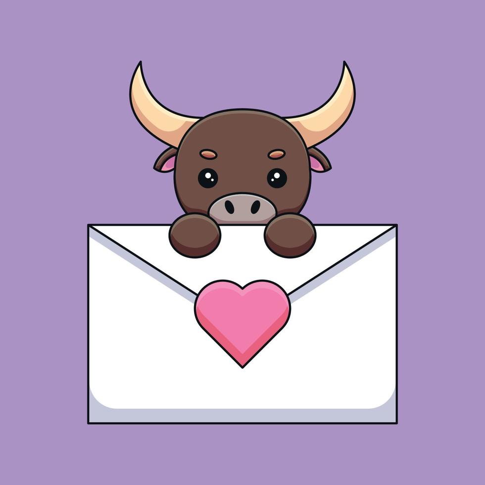 touro bonito segurando uma carta de amor mascote dos desenhos animados doodle arte conceito de contorno desenhado à mão vetor ilustração do ícone kawaii