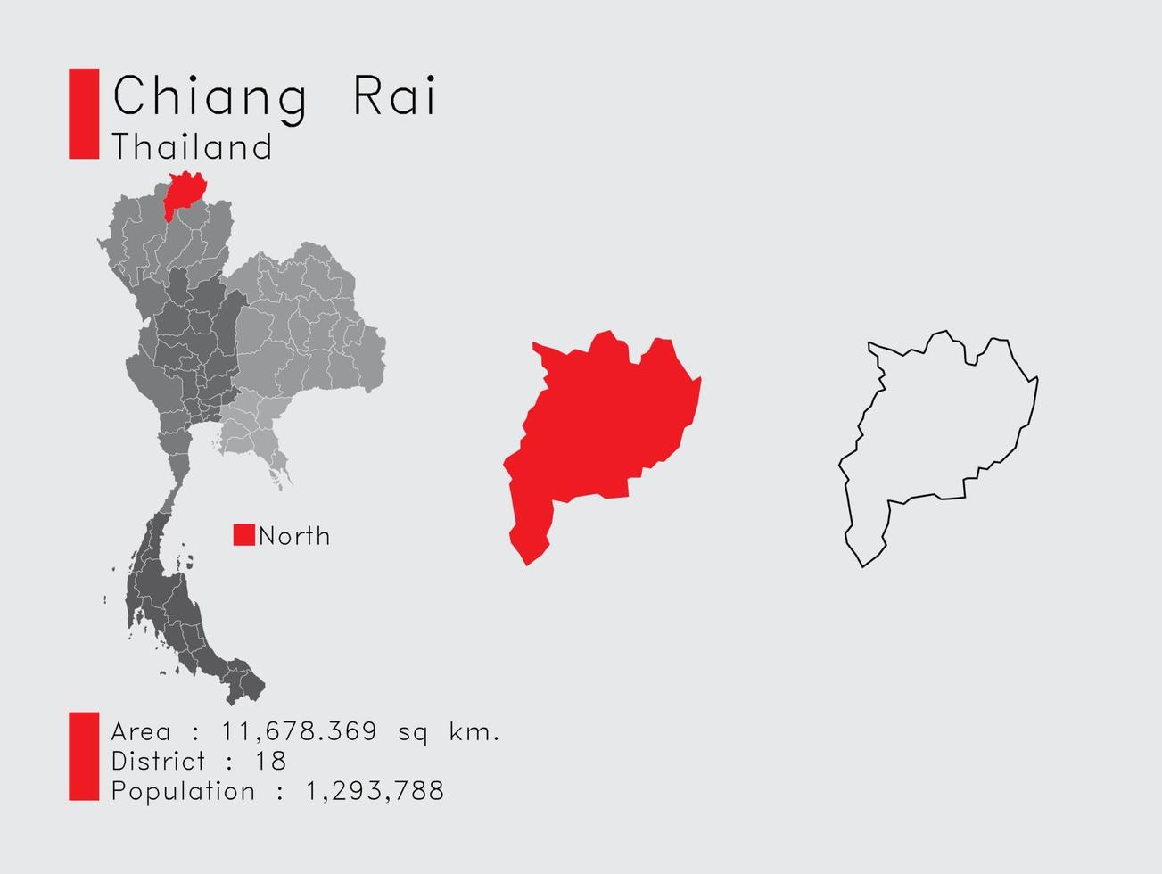 posição de chiang rai na tailândia um conjunto de elementos infográficos para a província. e população e esboço do distrito da área. vetor com fundo cinza.