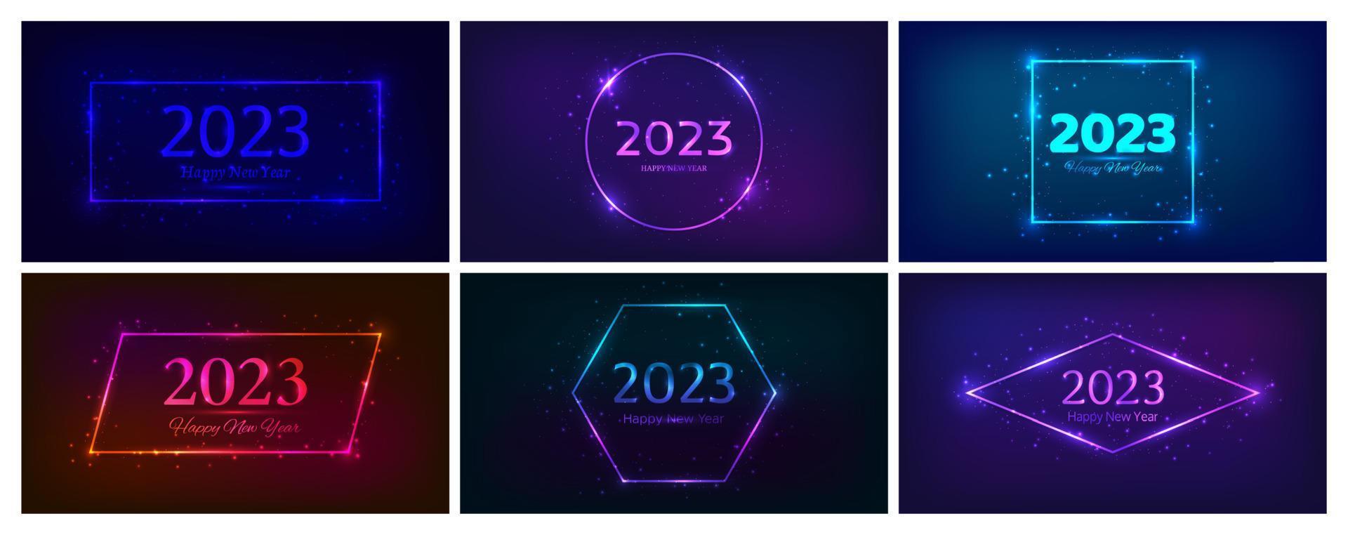 2023 feliz ano novo fundo neon. conjunto de cenários de néon com quadros de círculo com efeitos brilhantes e brilhos e feliz ano novo de inscrição. fundo escuro para as férias de natal vetor