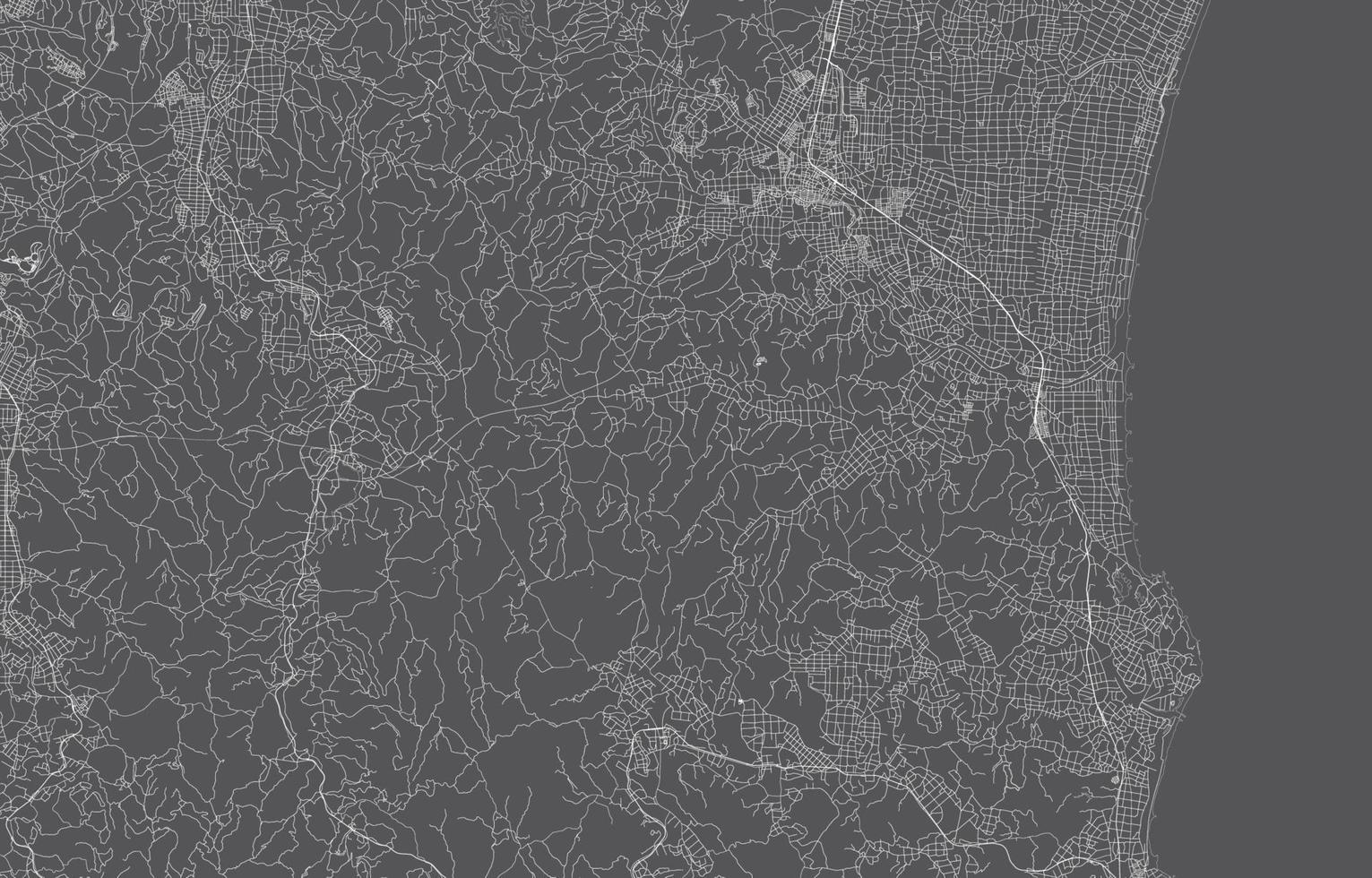 mapa da cidade do japão. ilustração vetorial com fundo preto, contorno branco, cena com a cidade japonesa, cidade, estrada, rua, mapa urbano, localização, marco, transporte. design para impressão, pôster, papel de parede. vetor