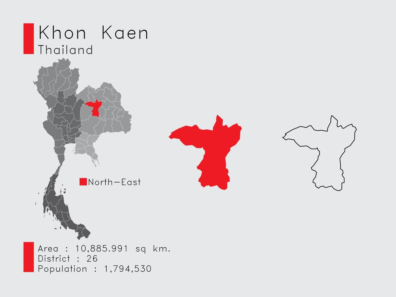 khon kaen posiciona na tailândia um conjunto de elementos infográficos para a província. e população e esboço do distrito da área. vetor com fundo cinza.