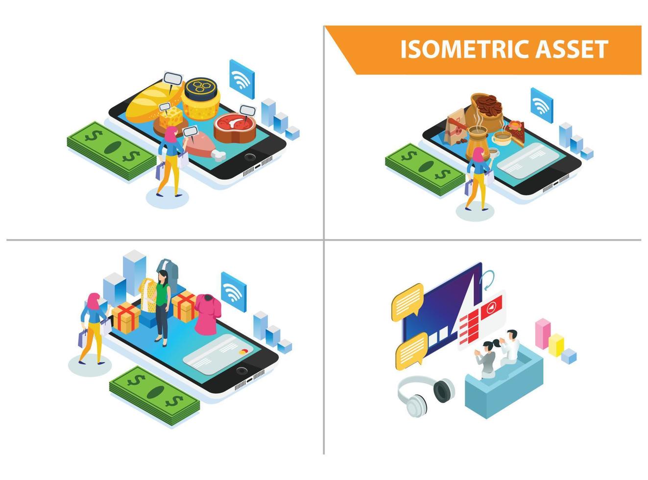 coleção de conjunto isométrico 3d moderno ilustração de tecnologia on-line de loja inteligente em fundo branco isolado com pessoas e ativos digitais relacionados vetor