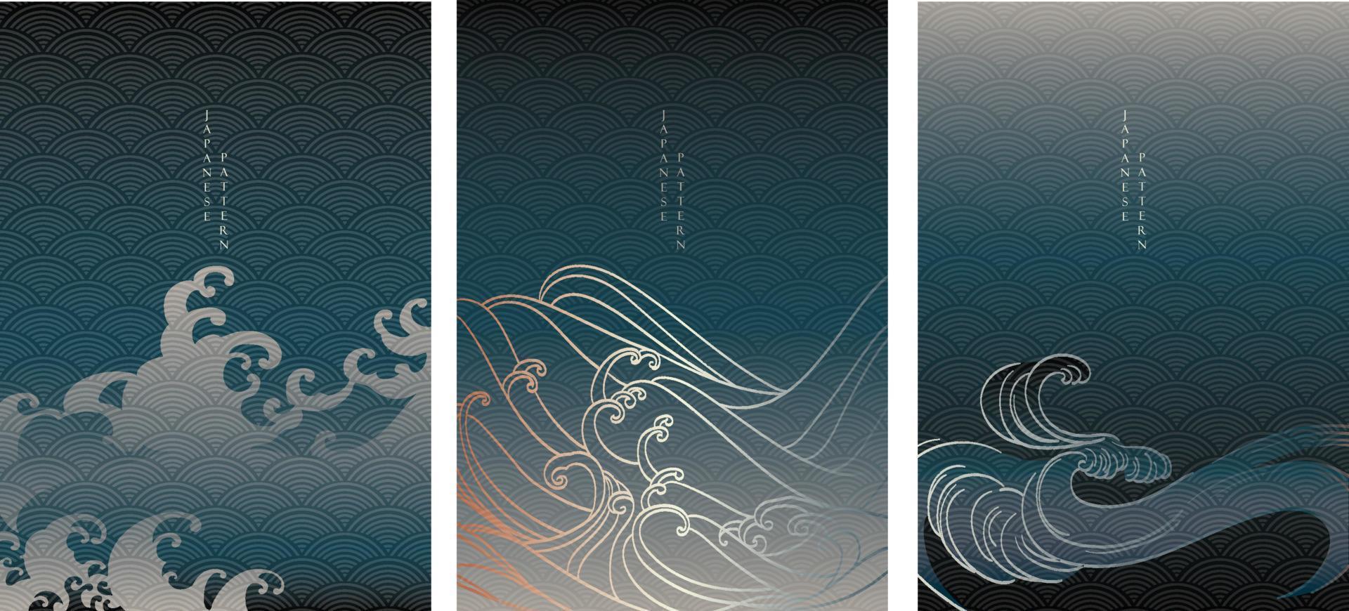 fundo do mar oceano desenhado à mão com vetor de padrão de onda japonês. design de banner de superfície de água azul em estilo vintage.