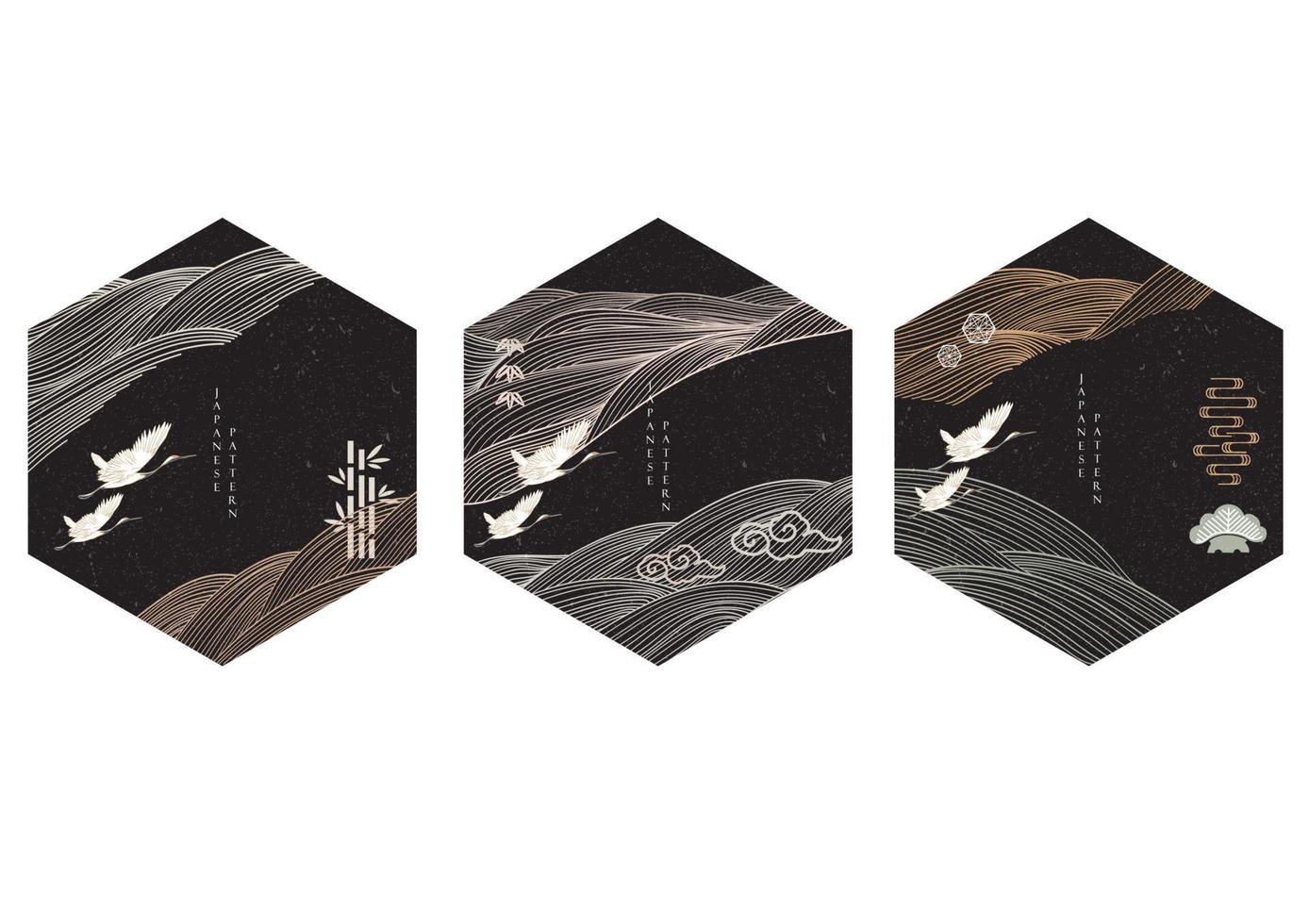fundo japonês com vetor de padrão de linha. modelo de paisagem abstrata com padrão de onda desenhada de mão com pássaros de guindaste em estilo oriental. design de logotipo geométrico preto.