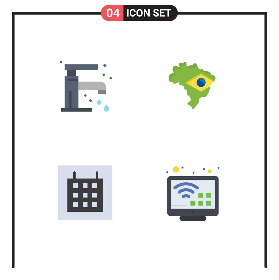 conjunto moderno de 4 ícones e símbolos planos, como elementos de design de vetores editáveis de torneira de arame de banheiro brasil internet