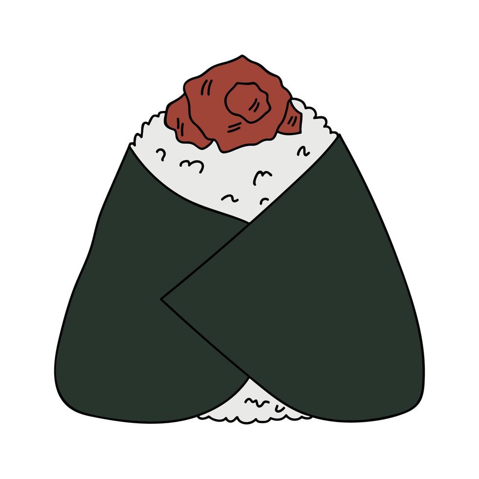 mão desenhada onigiri clipart. fast food japonês feito de arroz. bolinho de arroz com alga nori vetor