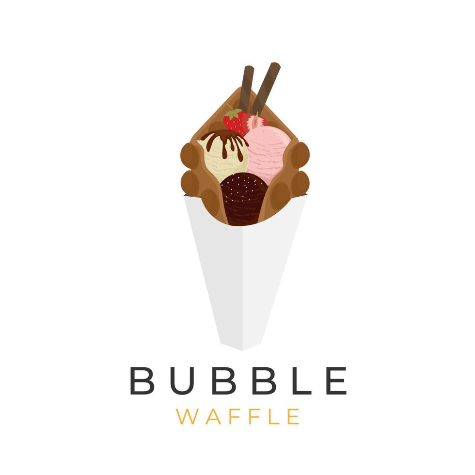 ilustração do logotipo ovo waffle sorvete chocolate baunilha e morango com cobertura de frutas e rolo de wafer vetor