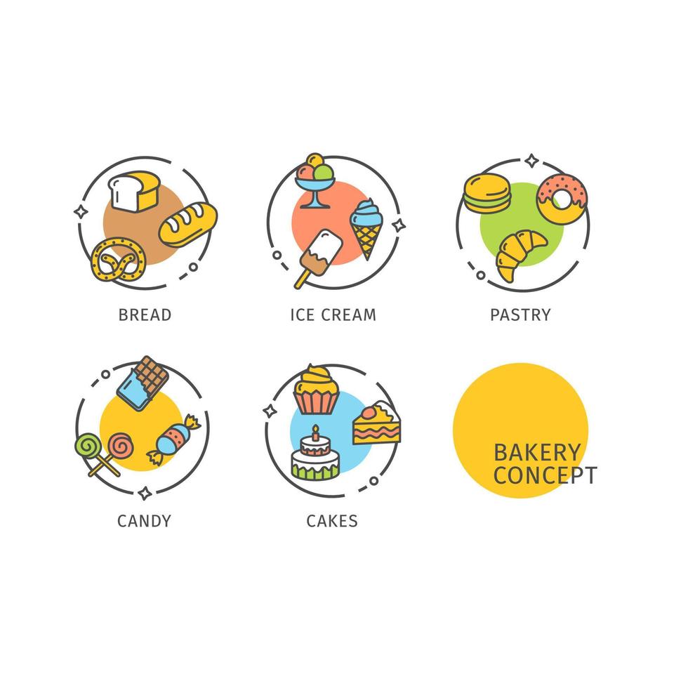 conjunto de rótulos de ícones de linha fina de conceito de padaria. vetor
