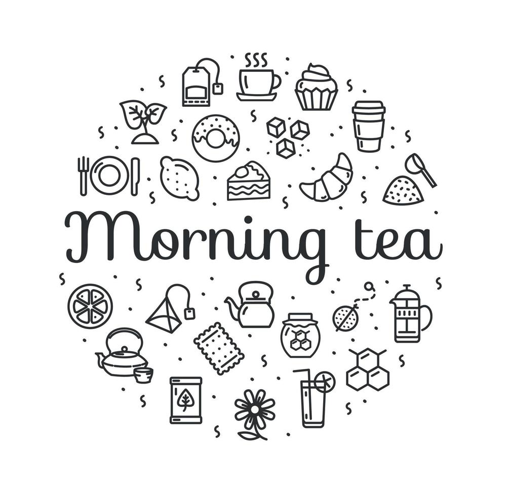 modelo de design redondo de chá da manhã banner de ícone de linha fina. vetor