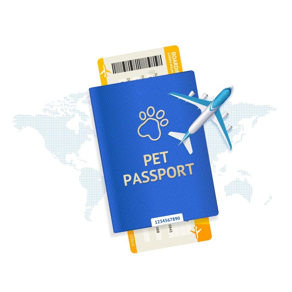 conceito de viagem para animais de estimação com conjunto de passaportes e bilhetes 3d detalhados realistas. vetor