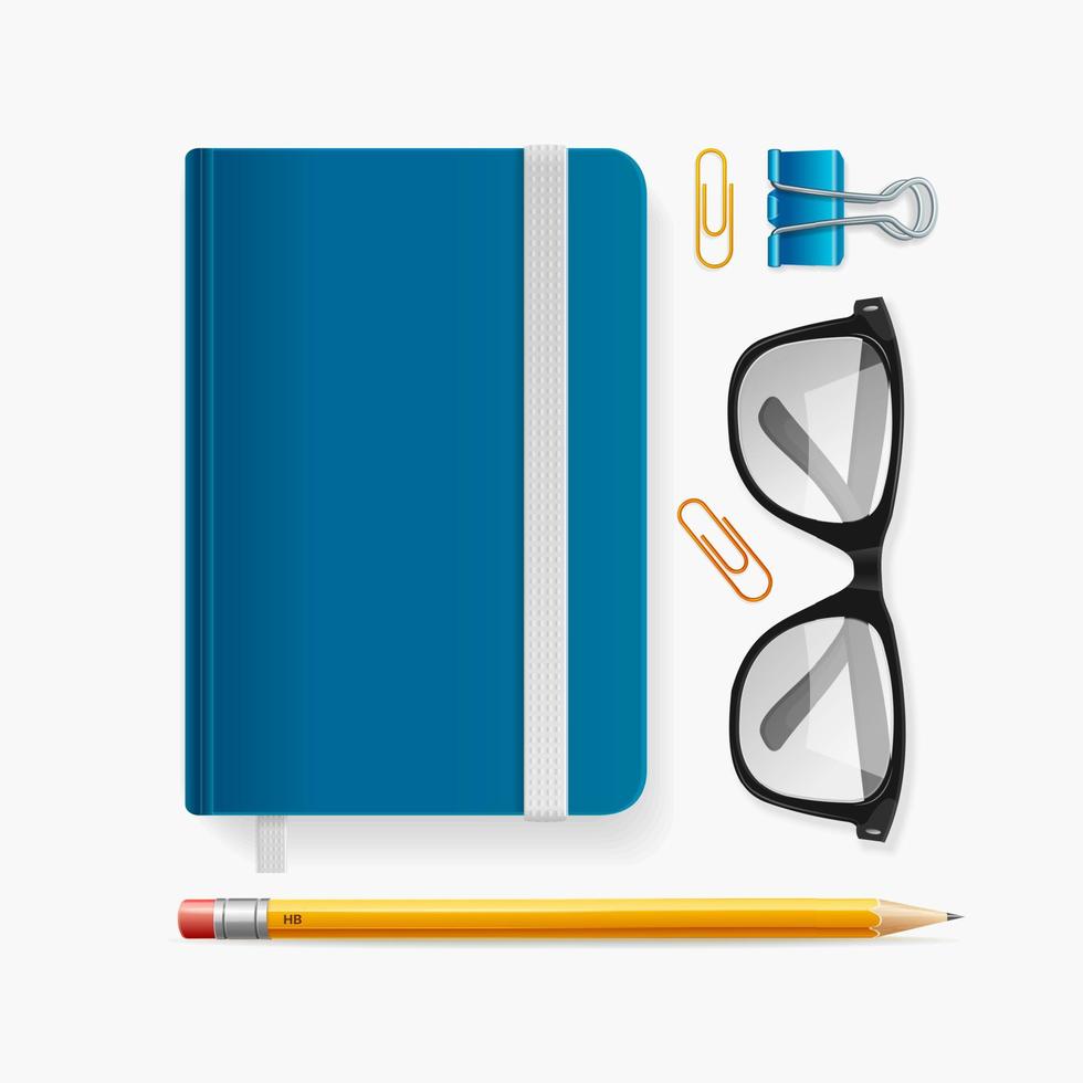 Caderno 3d detalhado realista com elástico e conjunto de óculos. vetor