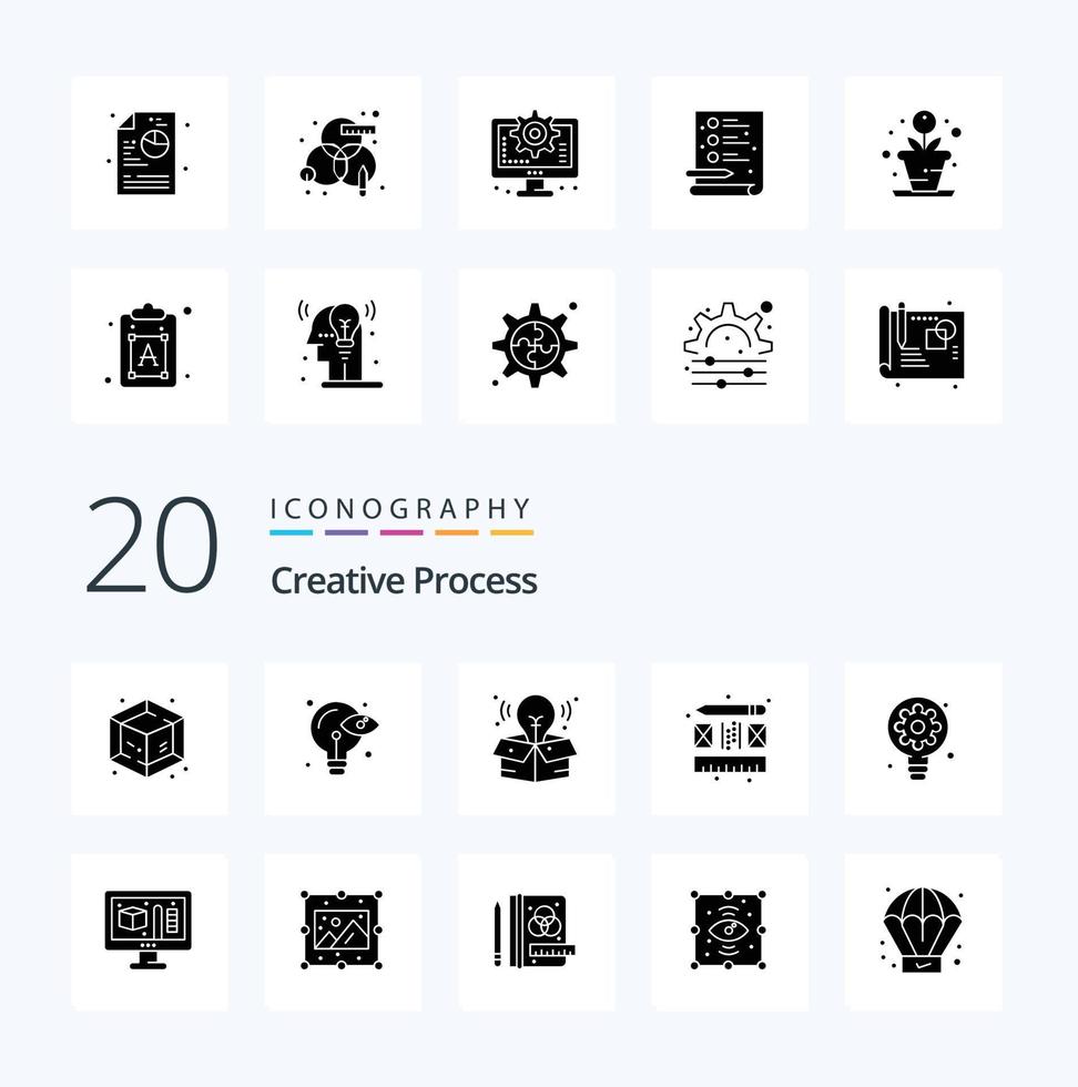 Pacote de ícones de glifo sólido de 20 processos criativos, como layout de processo de lâmpada criativa vetor