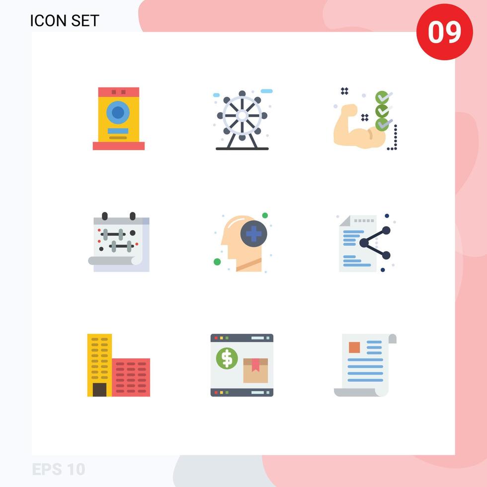 Pacote de cores planas de 9 interfaces de usuário de sinais e símbolos modernos de elementos de design de vetores editáveis de calendário de academia de halteres saudáveis