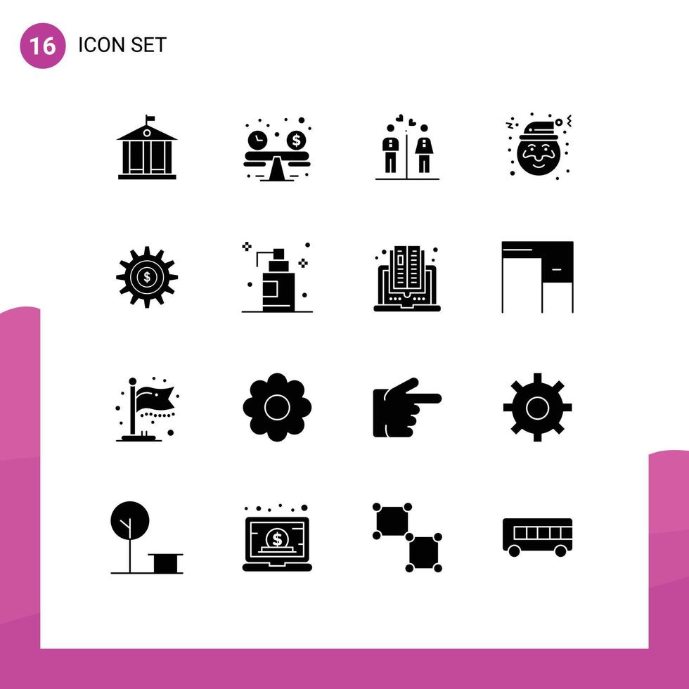 conjunto de glifos sólidos de interface móvel de 16 pictogramas de configuração de sucesso casal engrenagem elementos de design de vetores editáveis de claus