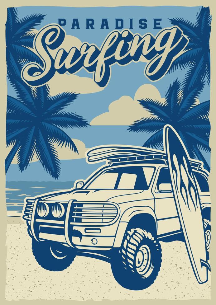 cartaz de surf vintage preto e branco com carro suv vetor