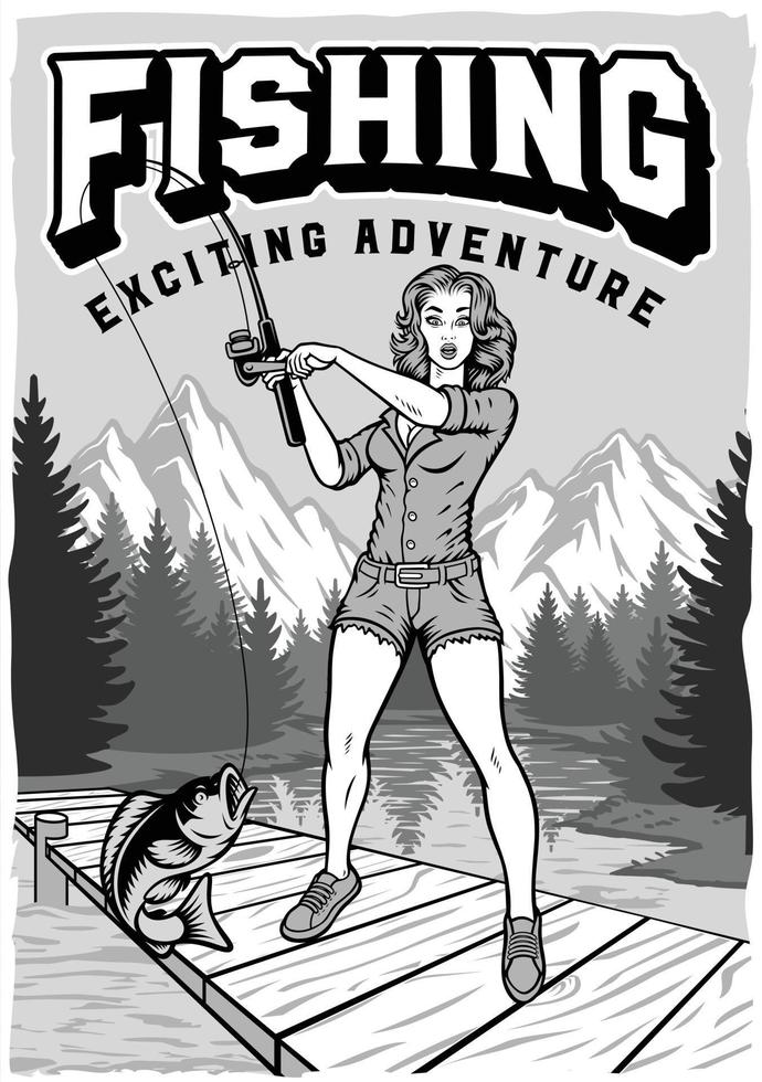 cartaz vintage preto e branco com uma garota pin up em uma viagem de pesca vetor