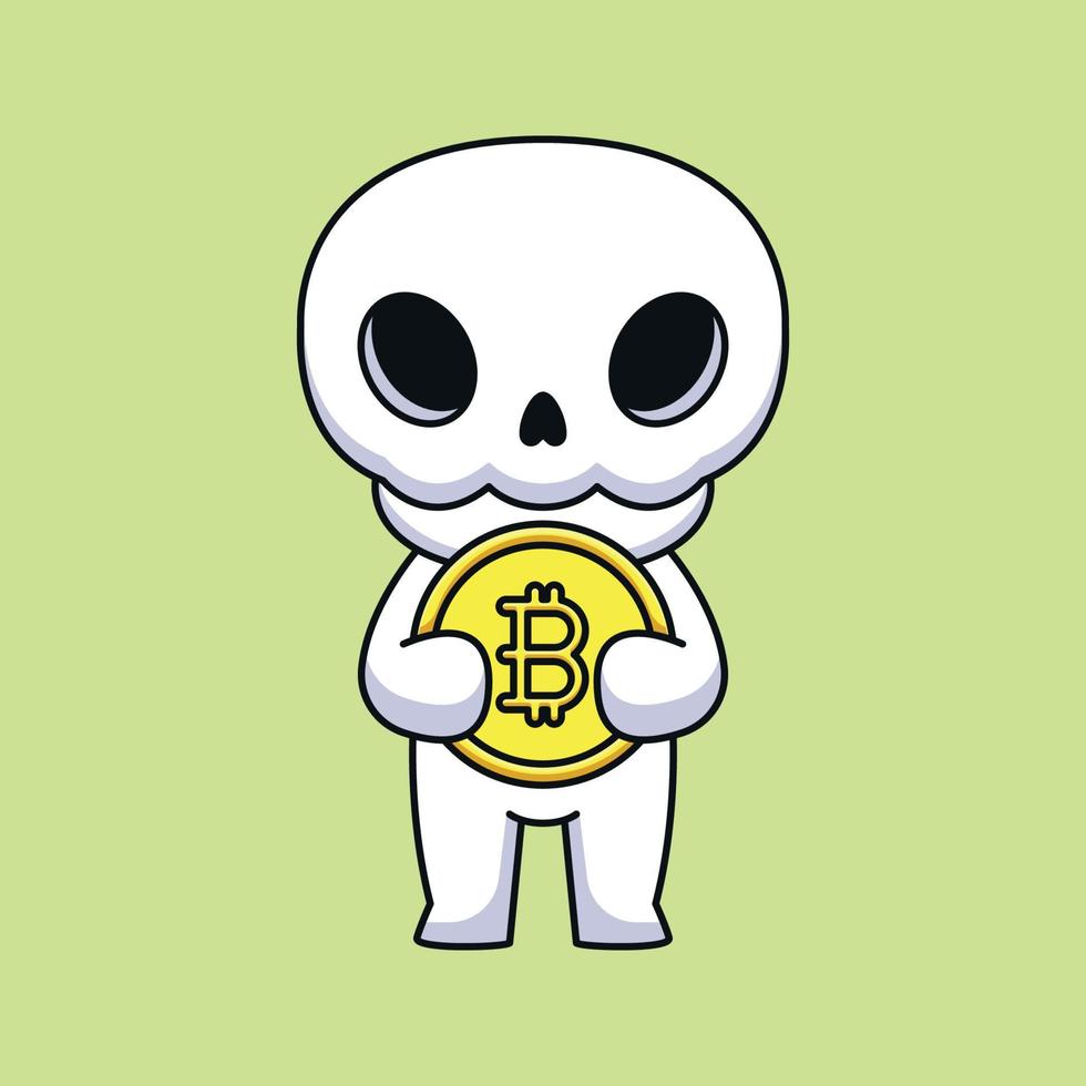 crânio bonito segurando bitcoin cartoon mascote doodle arte mão desenhada contorno conceito vetor ilustração ícone kawaii