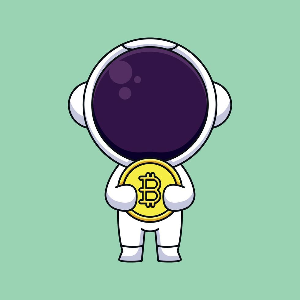 astronauta bonito segurando bitcoin cartoon mascote doodle arte mão desenhada contorno conceito vetor ilustração ícone kawaii