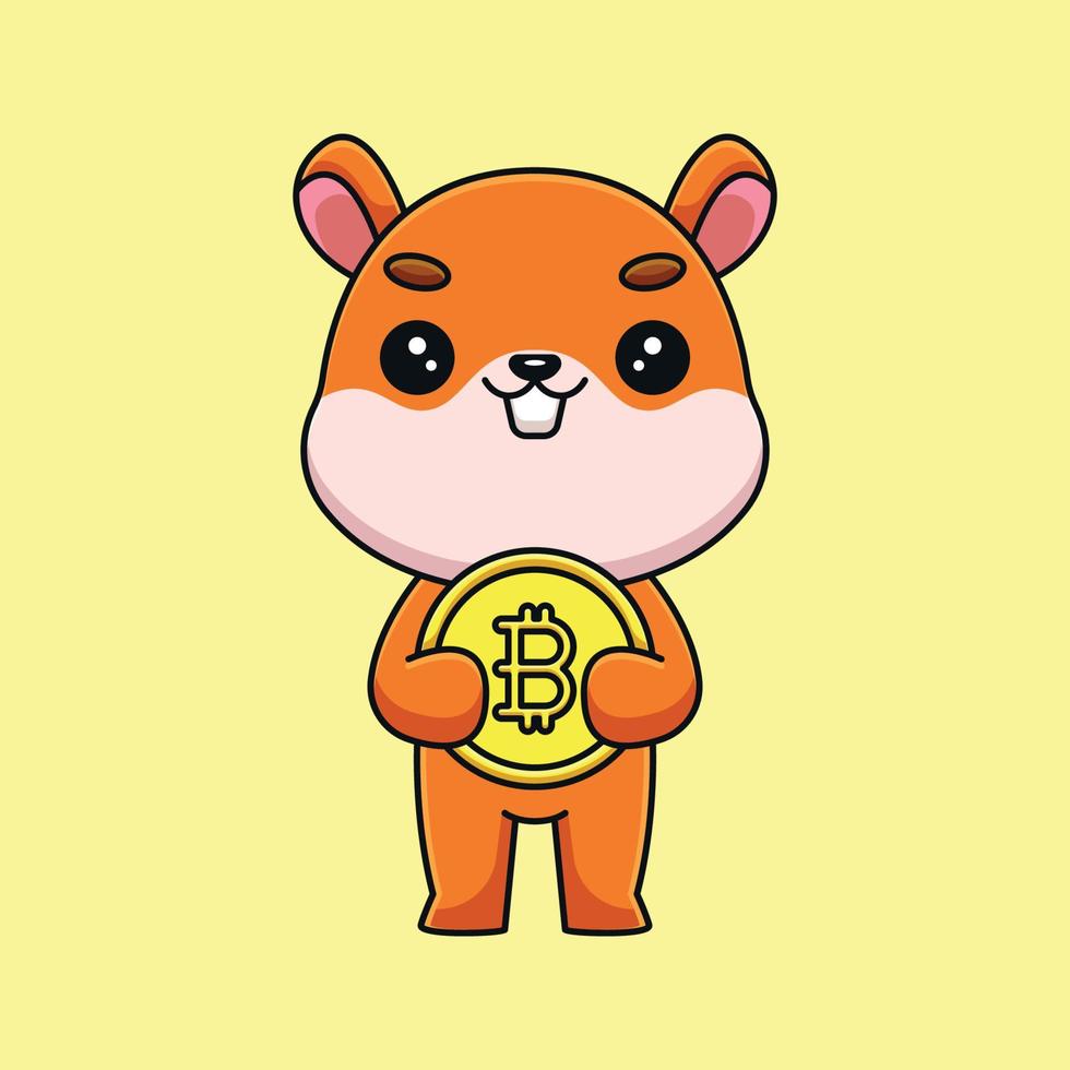 esquilo fofo segurando bitcoin mascote dos desenhos animados doodle arte mão desenhada contorno conceito vetor ilustração ícone kawaii