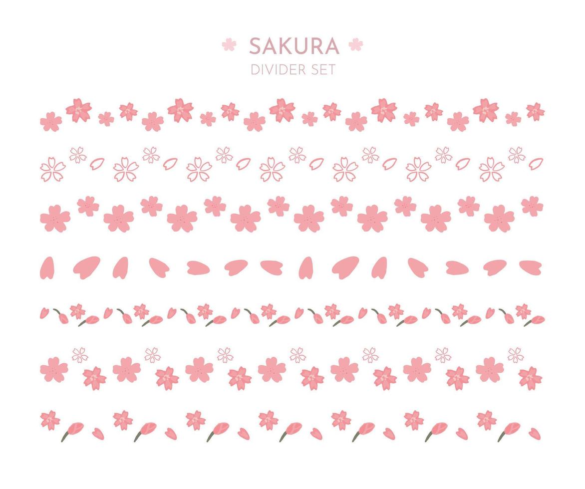 conjunto de decoração de divisores de linha de flor de sakura bonitos desenhados à mão vetor