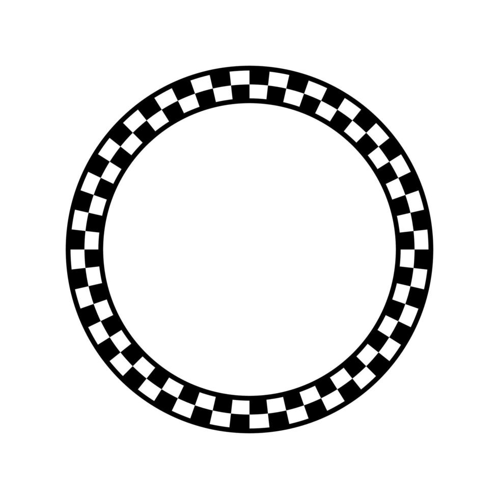 quadro de círculo quadriculado preto e branco. placa de verificador ilustração em vetor borda circular. modelo de logotipo redondo de quadrados verificados.