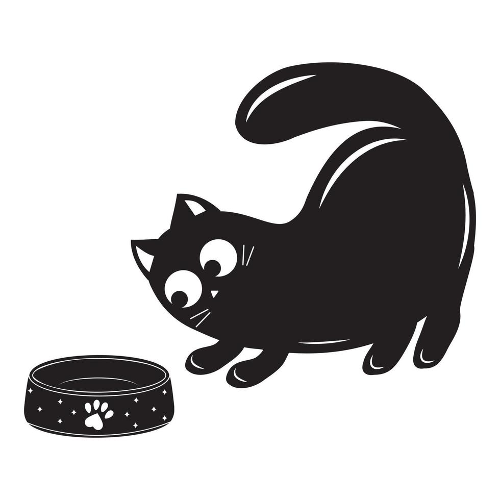 gato bonito com uma tigela de comida, contorno preto, ilustração vetorial no estilo doodle vetor