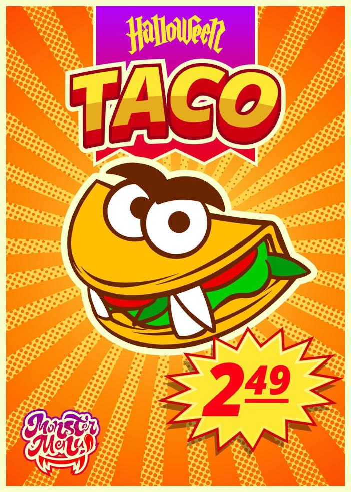 menu monstro com tacos mexicanos. banner vertical com etiqueta de preço para café de fast-food para o dia de halloween. ilustração vetorial. vetor