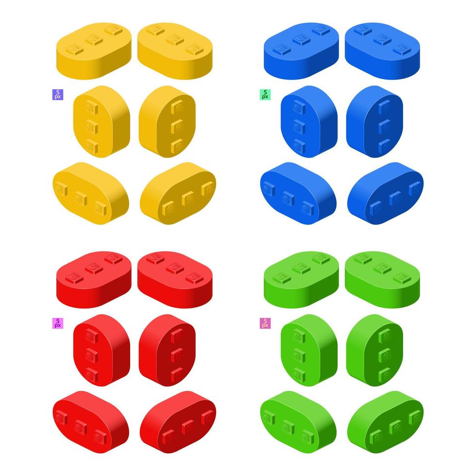 Conjunto 3d de kit construtor colorido em isometria. elemento com cantos arredondados. ilustração vetorial. vetor