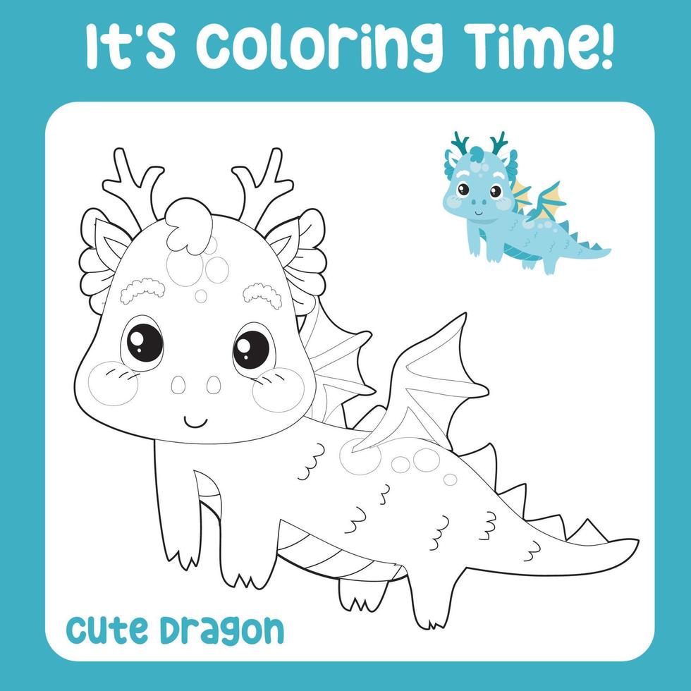 planilha de colorir imprimível educacional. ilustração de dragão bonito. contorno vetorial para colorir página. vetor
