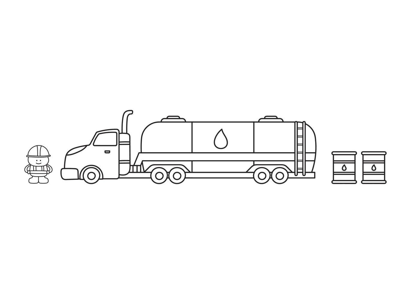 conjunto de construção de crianças coloridas desenhadas à mão caminhão de combustível com barris de combustível e trabalhador da construção civil vetor