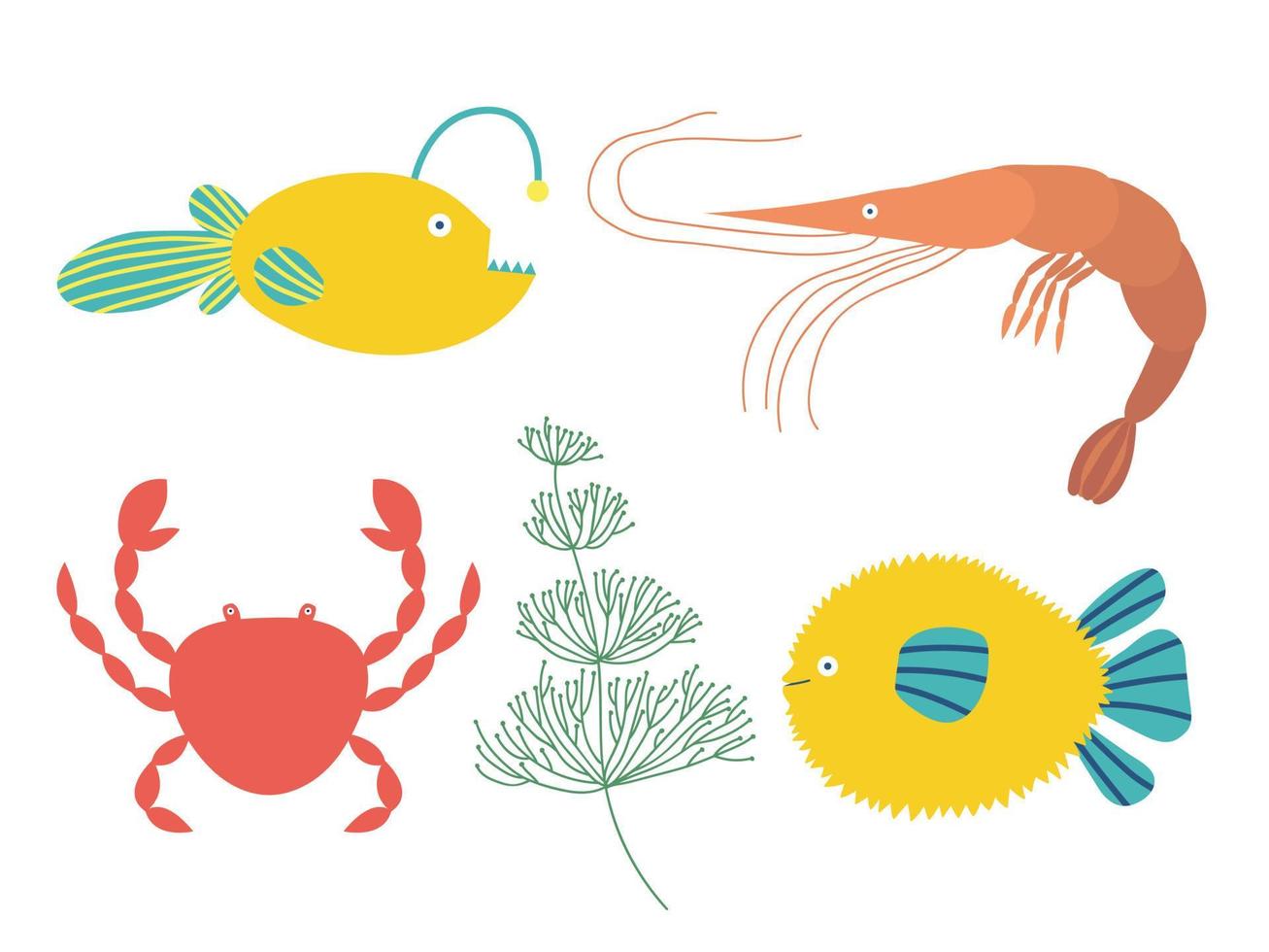 conjunto de animais marinhos. objetos coloridos da vida marinha dos desenhos animados. peixe bola, tamboril, caranguejo, camarão, algas, ervas marinhas. vetor clip-art isolado.