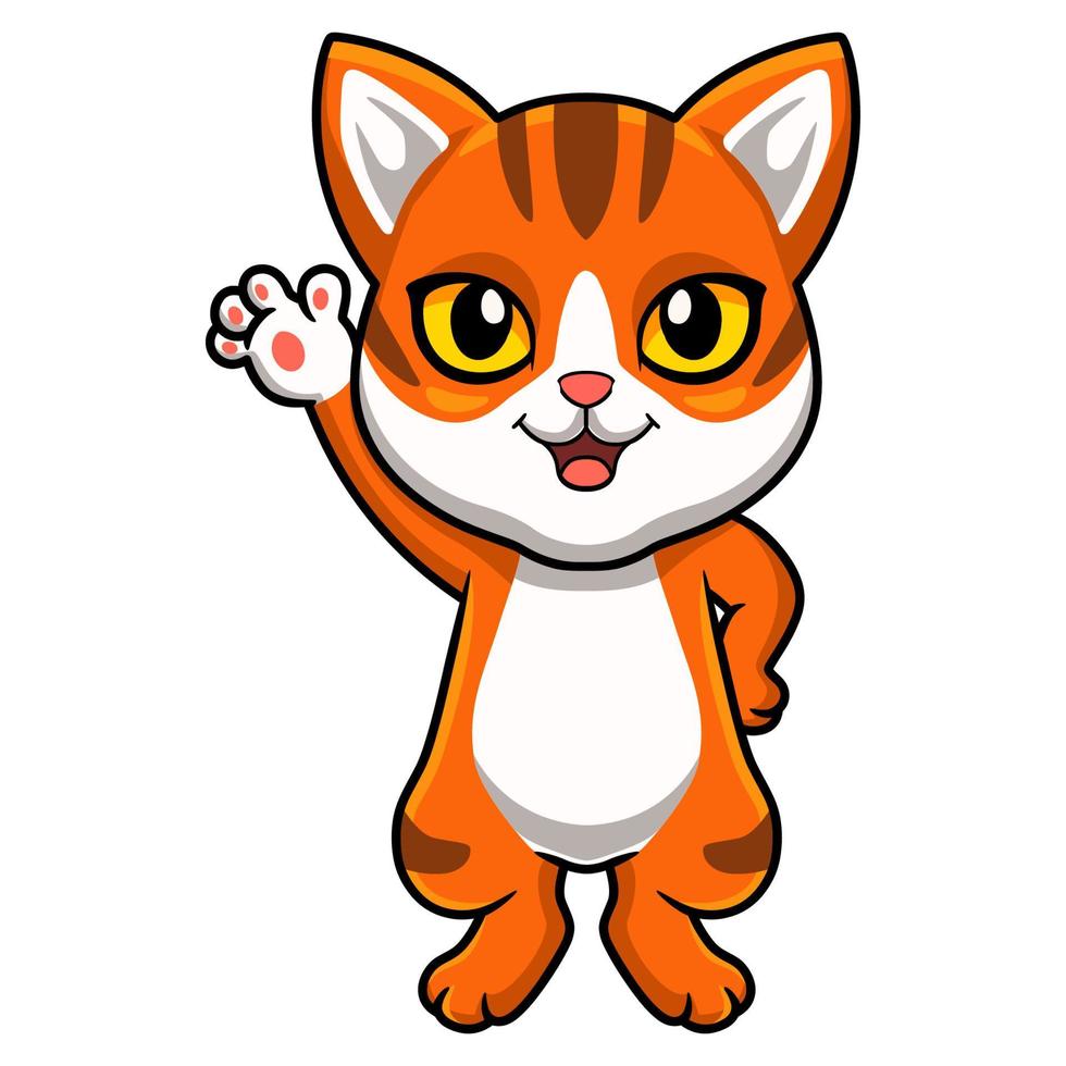 desenho de gato tigrado laranja fofo acenando a mão vetor