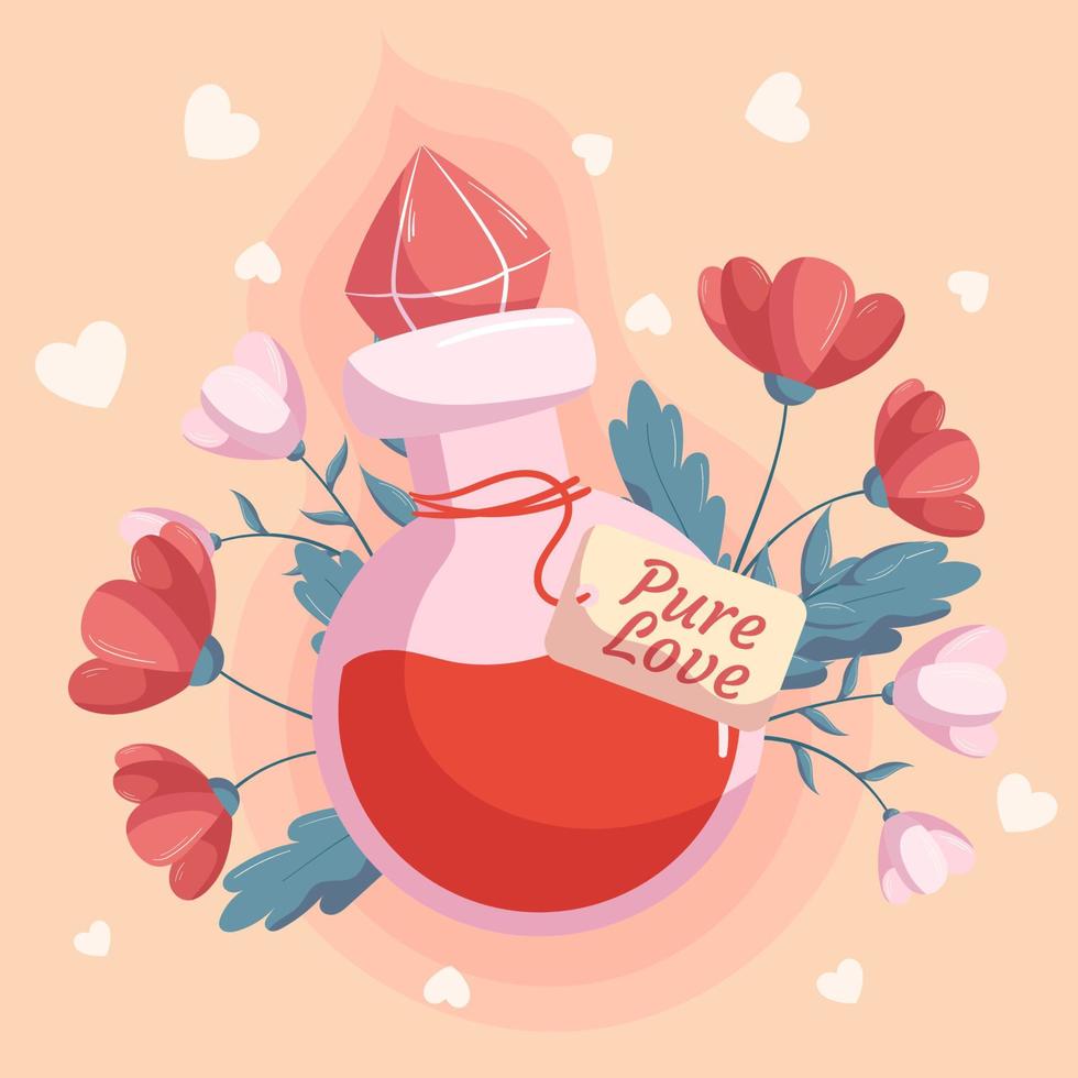 st. design de dia dos namorados com ilustração de conceito de garrafa de poção de amor com flores vermelhas e rosa atrás dele em pano de fundo bege. cartão de felicitações vetor