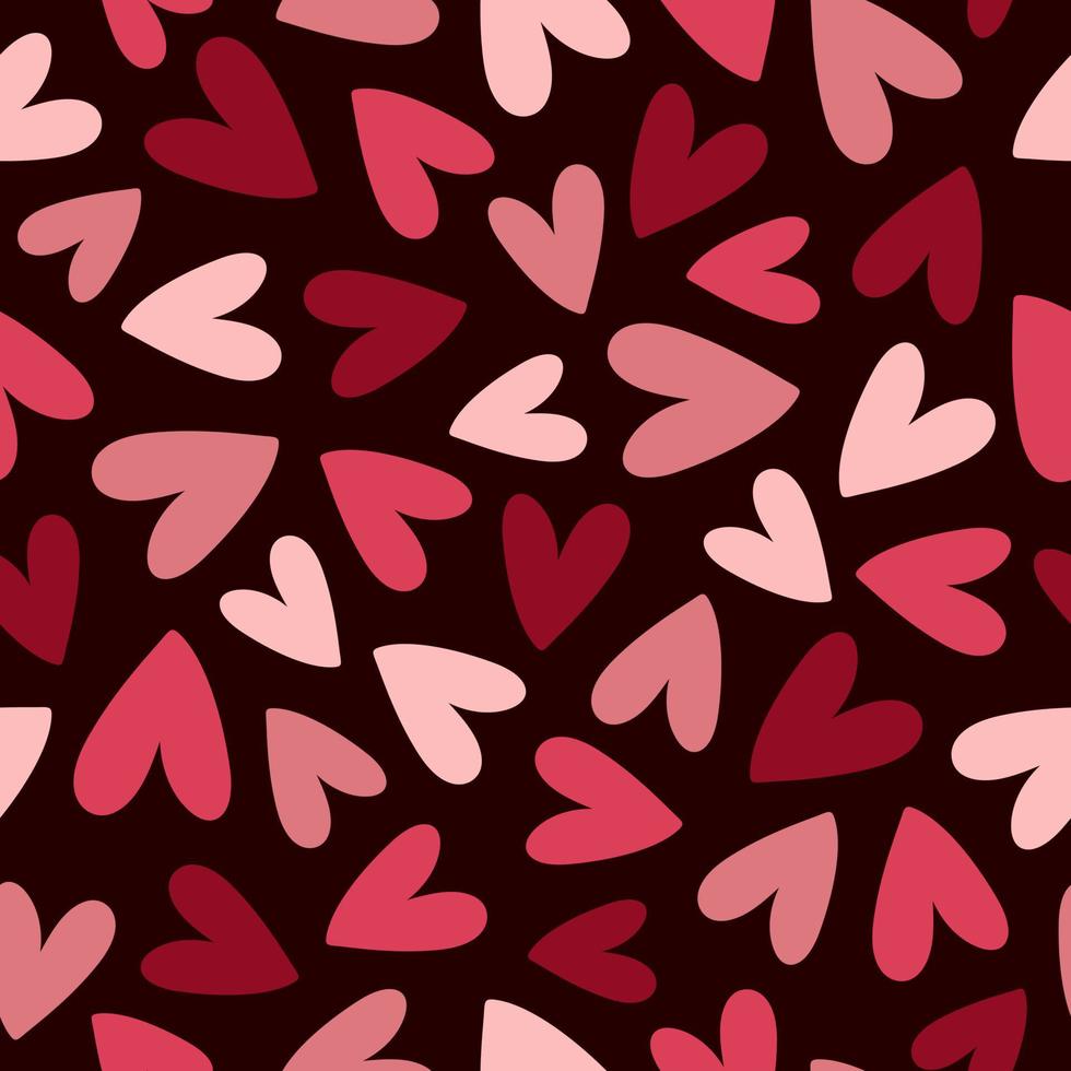 padrão sem emenda abstrato com corações vermelhos, rosa e roxos em fundo escuro. estilo doodle desenhado à mão vetor