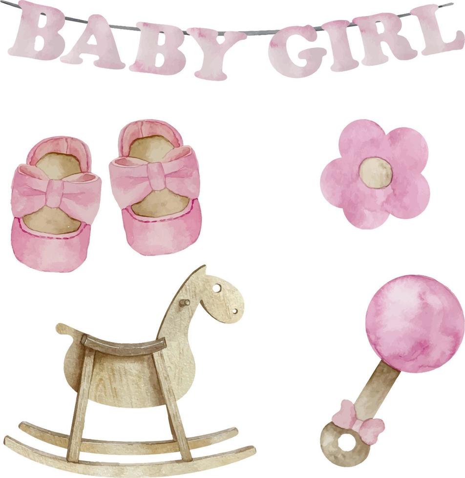 conjunto aquarela de elementos rosa bebê menina com brinquedos de madeira. cavalo de balanço, chupeta, sapatos de bebê e ilustração de chocalho. é um conjunto de menina vetor