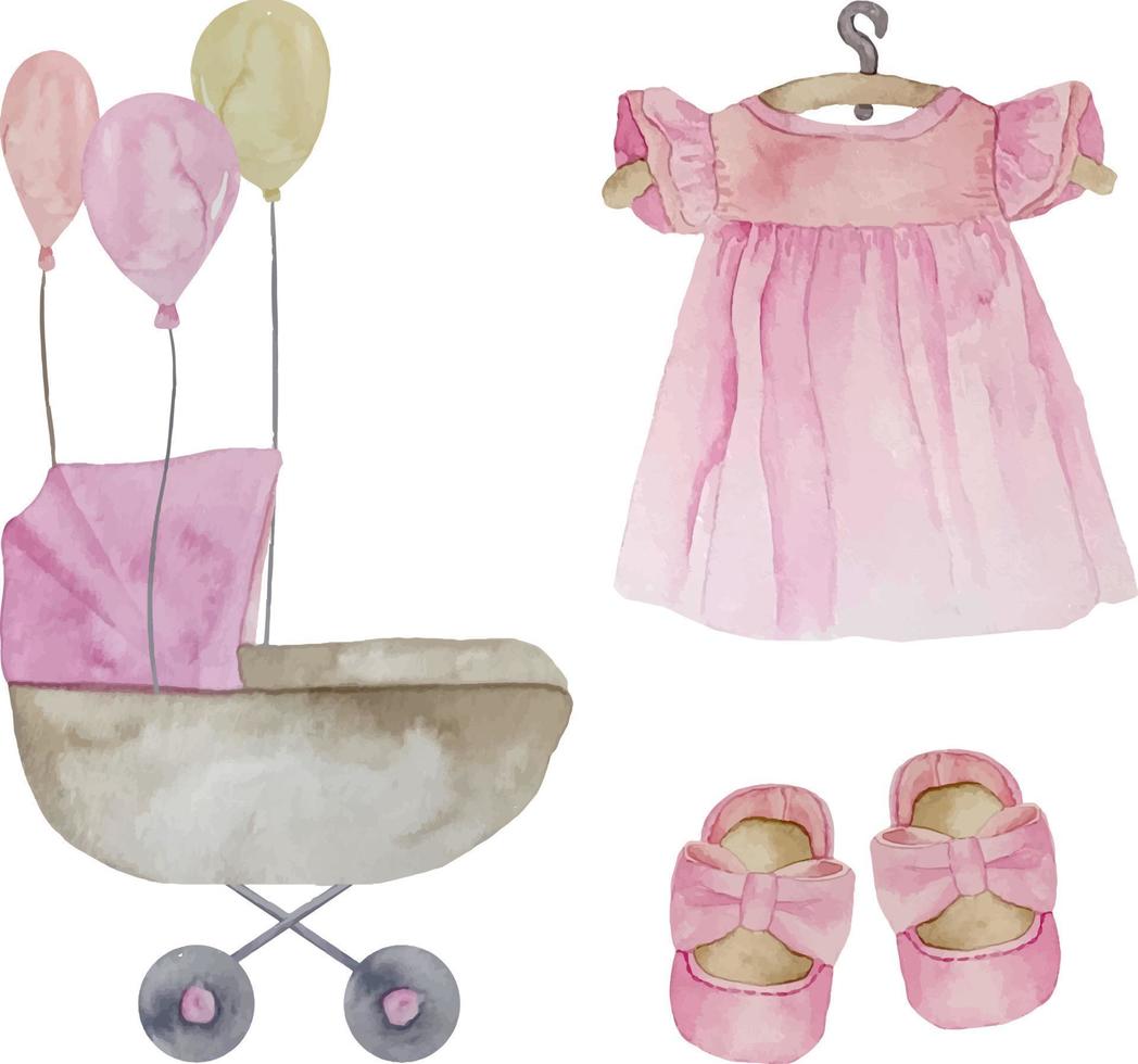 conjunto aquarela de elementos rosa bebê menina com ilustração de carrinho de bebê, sapatos e vestido. é um conjunto de menina vetor