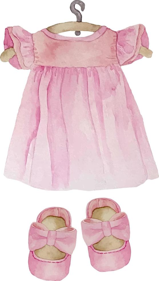 conjunto de chá de bebê aquarela. é um tema de menina com um vestido em um cabide e sapatos. é uma ilustração de menina vetor