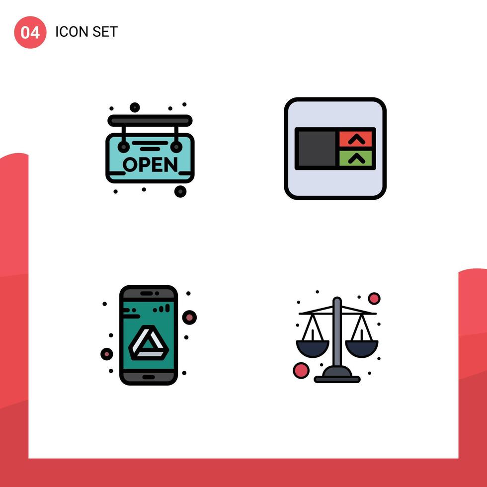 conjunto moderno de pictograma de 4 cores planas de linha preenchida de formulário de armazenamento de placa app justiça elementos de design de vetores editáveis