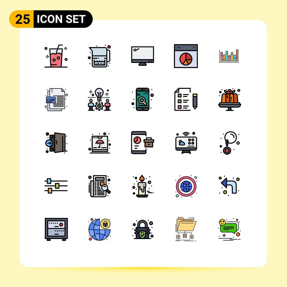 conjunto de cores planas de linha cheia de interface móvel de 25 pictogramas de design de torta gráfico de jarro de leite imac elementos de design de vetores editáveis