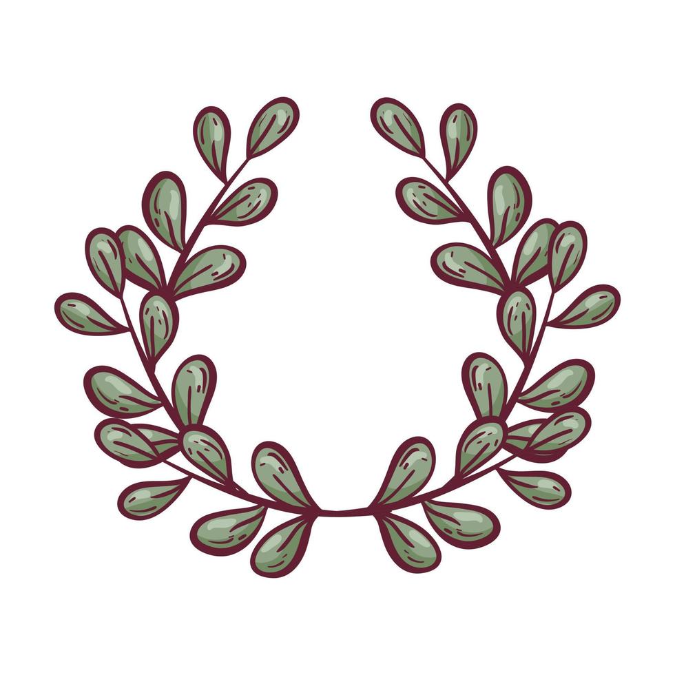 ilustração vetorial isolada no fundo branco. coroa de rabiscos de folhas verdes simples em um galho. elemento de decoração em estilo plano ou esboço. vetor