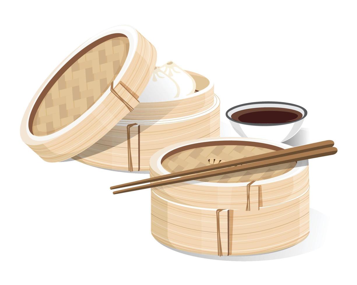 Dim sum ilustração vetorial de comida chinesa, comida asiática dim sum no vaporizador vetor