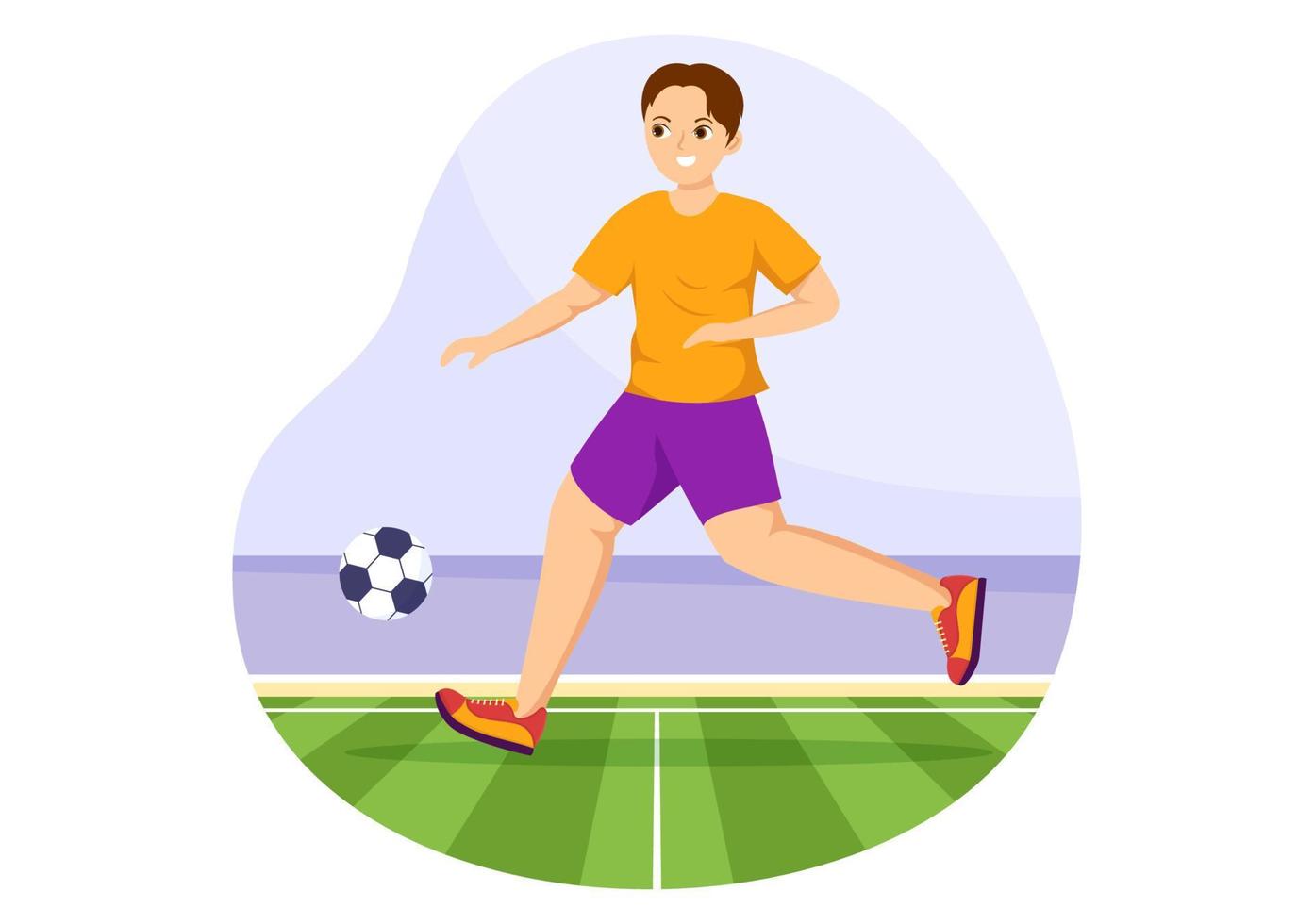 ilustração esportiva de futsal, futebol ou futebol com jogadores atirando em uma bola e driblando em um campeonato de esportes planos modelos desenhados à mão vetor