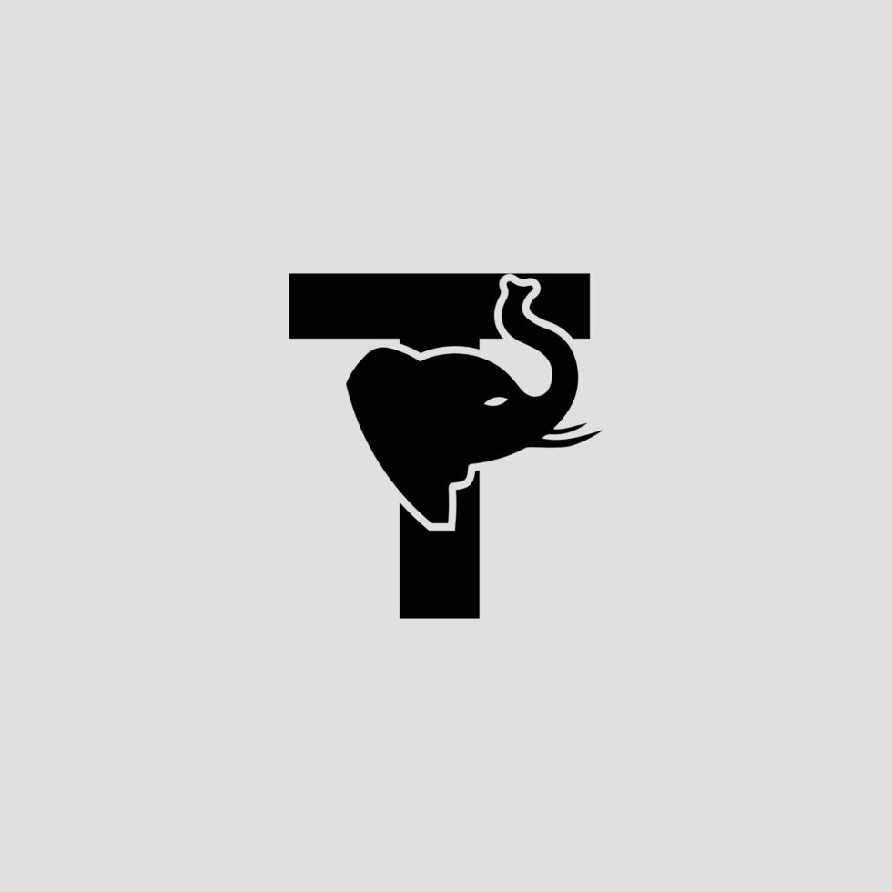 letra inicial t com modelo de logotipo de vetor abstrato de elefante, sinal ou ícone. cabeça de elefante moderna incorporada na letra t. conceito de espaço negativo com tipografia moderna.