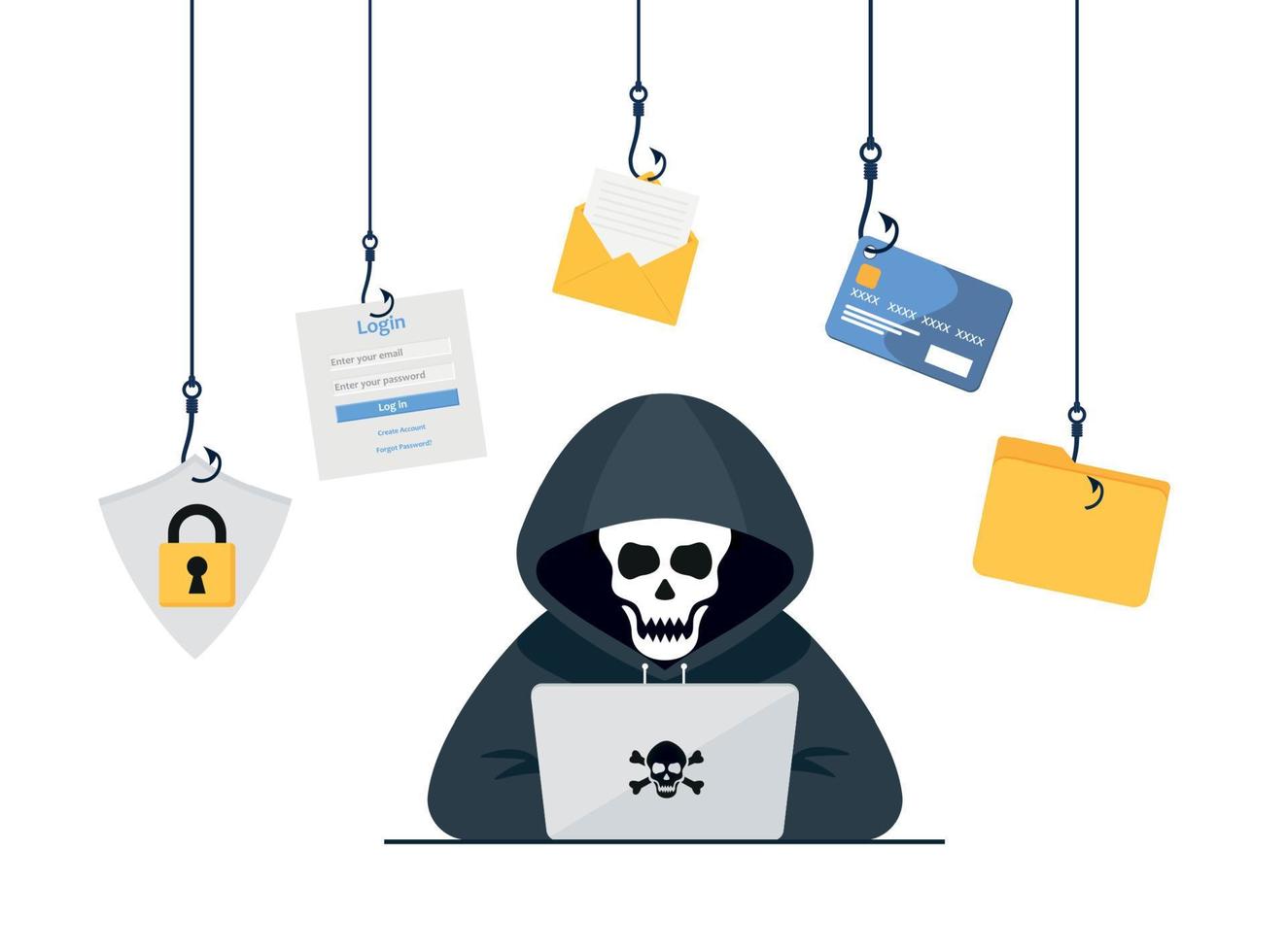 conceito de vetor de hacker homem desconhecido roubando dados do e-mail enquanto estiver usando laptop